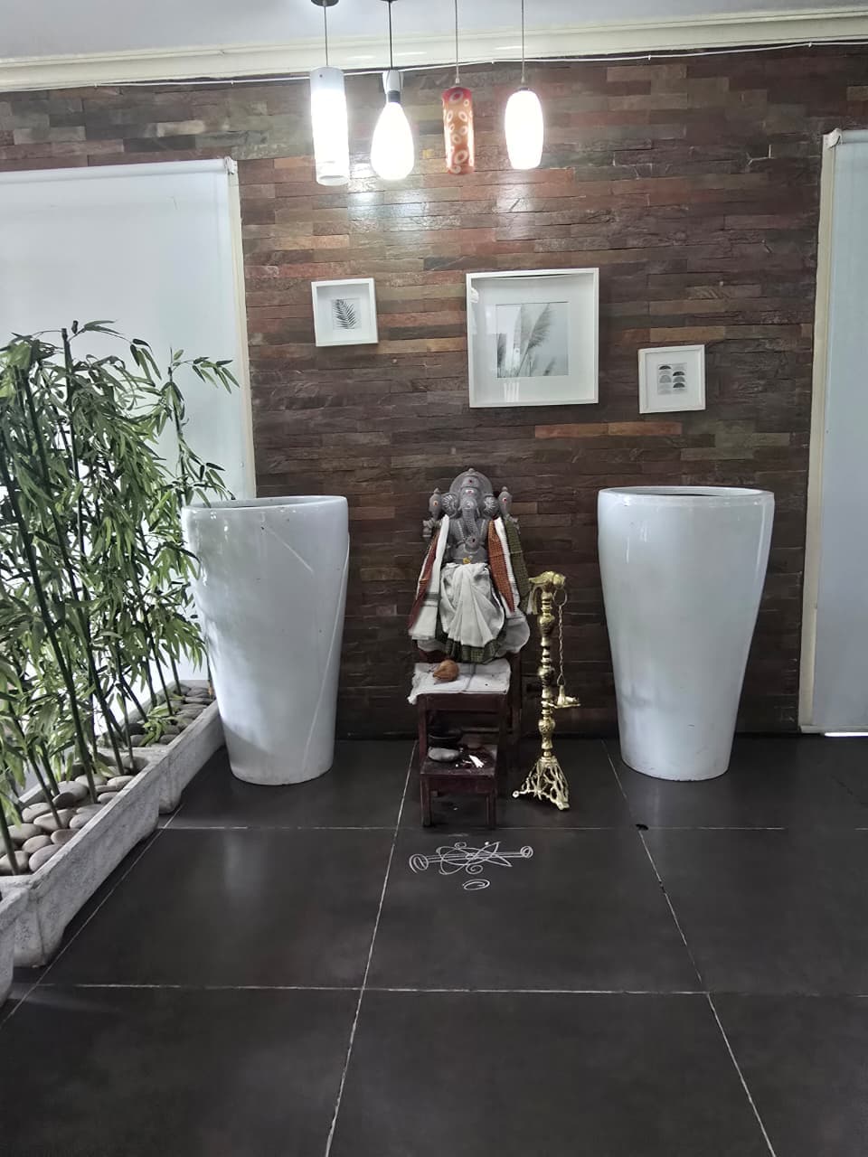 Framed wall art and pendant lighting